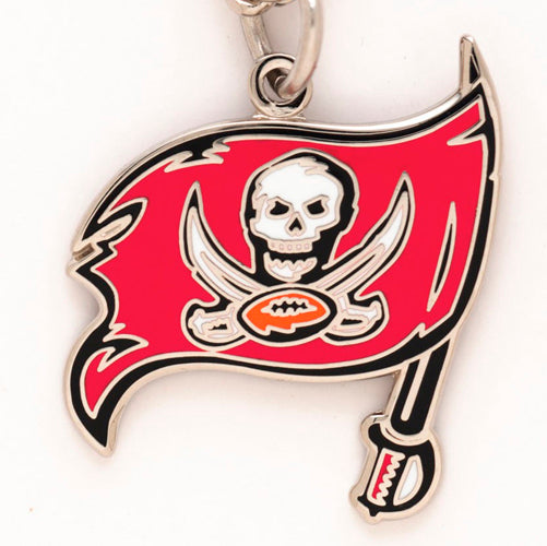 Show your team pride with the Tampa Bay Buccaneers NFL Pendant, featuring a red flag with a white skull, crossed swords, and football design in black and silver on an 18" chain—the perfect accessory for any Buccaneers fan.