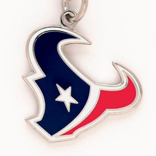 The Houston Texans NFL Pendant is a metallic keychain shaped like the team’s logo, featuring a blue and red stylized bull head with a white star—an ideal accessory for any NFL jewelry collection.