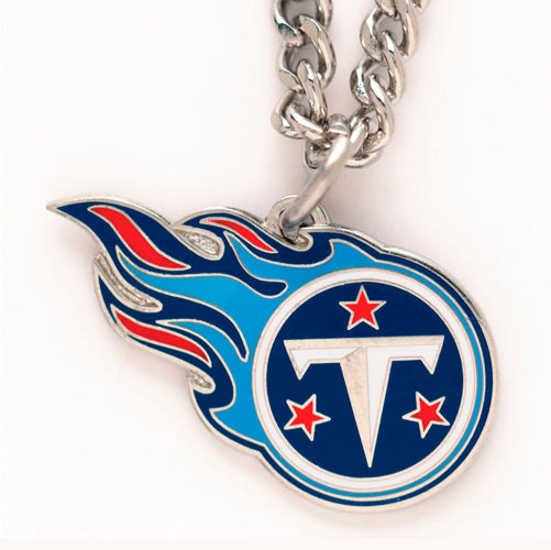 The Tennessee Titans NFL Pendant is a silver chain necklace with a pendant shaped like the team’s blue flaming comet logo, featuring red accents, three red stars, and a white "T" at the center.