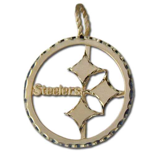 The Pittsburgh Steelers Logo (large) 14 kt Gold Pendant, designed by Michael Anthony, showcases the team's emblem with three diamond shapes in a ring and the word "Steelers" engraved on a metal frame. It features a twisted loop at the top for easy attachment to a chain.