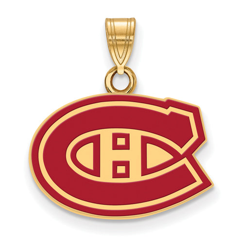 Introducing the Sterling Silver Gold-plated NHL LogoArt Montreal Canadiens Small Enameled Pendant: a gold-plated sterling silver piece featuring the iconic Canadiens logo, with a striking red "C" encircling a smaller "H" at its center. The pendant includes a top loop for easy attachment to any chain.