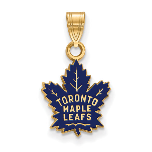 A Toronto Maple Leafs pendant in gold and navy enamel, crafted in the shape of a maple leaf. The center prominently displays "TORONTO MAPLE LEAFS" in bold white letters. This stunning gold-plated jewelry piece features a gold outline, making it the perfect team-themed accessory. (Product Name: SS w/GP NHL Toronto Maple Leafs Small Enamel Pendant)