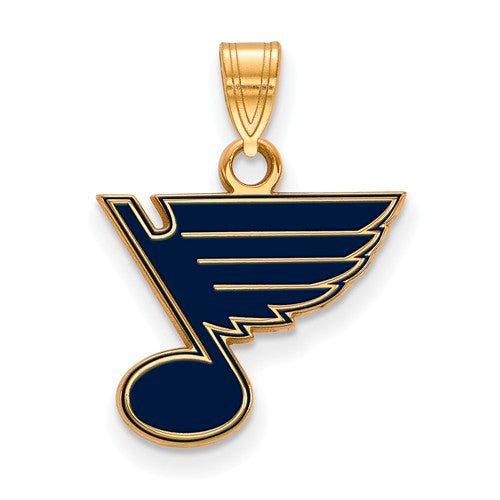 The SS w/GP NHL St. Louis Blues Small Enamel Pendant, designed in the shape of a musical note with a wing extending from the top and featuring a navy blue interior, is crafted from gold-plated sterling silver and is associated with the logo of the NHL sports team.