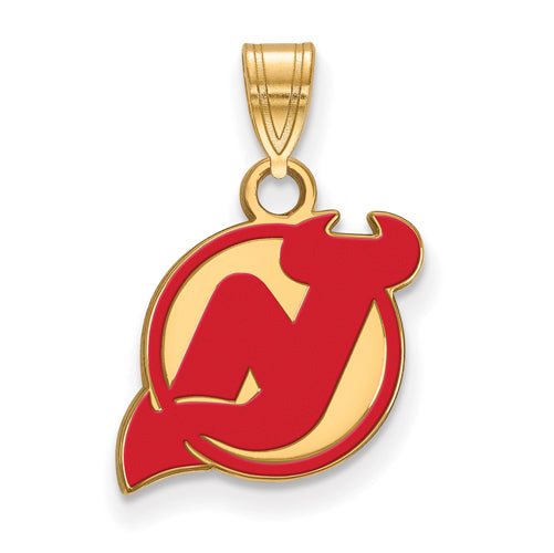 The Sterling Silver Gold-plated NHL LogoArt New Jersey Devils Small Enameled Pendant features a stylized "N" with devil horns and tail, enclosed in a red and gold circle. It has a gold loop at the top for hanging, making it perfect for fans of the NHL New Jersey Devils.