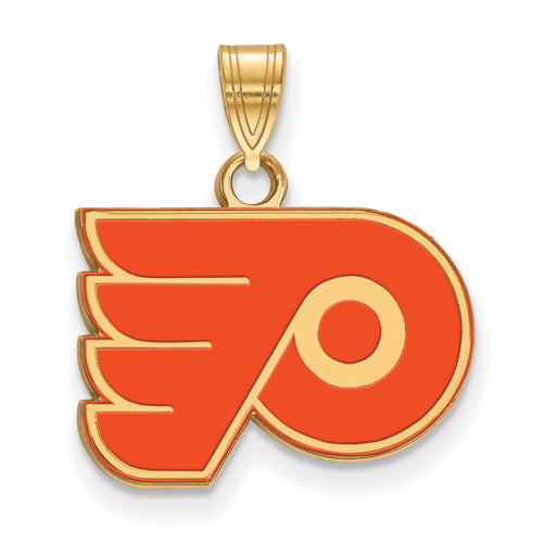 The Sterling Silver Gold-plated NHL LogoArt Philadelphia Flyers Small Enamel Pendant is meticulously crafted and features a stylized "P" with a wing design on the left and an orange circle in the middle. The pendant includes a loop at the top for attaching to a chain.