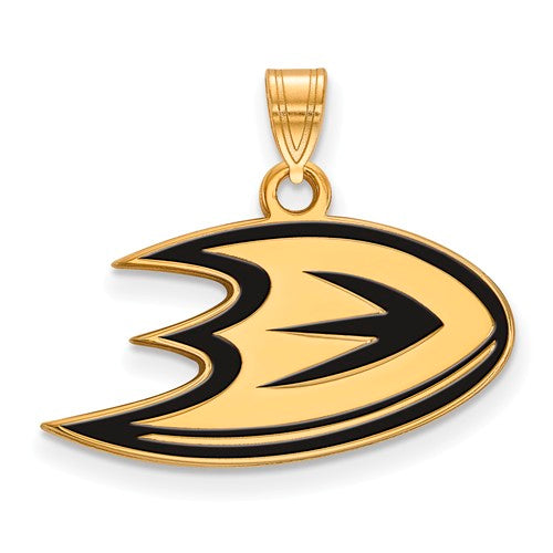 The Sterling Silver Gold-plated NHL LogoArt Anaheim Ducks Letter D Small Enameled Pendant features a gold-plated pendant shaped like a stylized letter "D" with an angular, sharp design, and is finished with an intricately patterned bail at the top for attaching to a chain.