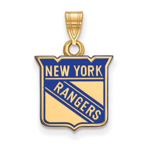 The Sterling Silver Gold-plated NHL LogoArt New York Rangers Small Enameled Pendant features a gold-plated sterling silver pendant crafted in the shape of the New York Rangers logo. The front prominently displays "New York Rangers," accented with blue enamel diagonal stripes on a gold background. The logo is outlined in blue and includes a gold bail for attaching to a chain.