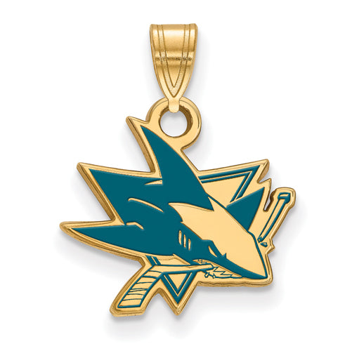 The Sterling Silver Gold-plated NHL LogoArt San Jose Sharks Small Enamel Pendant showcases a teal and gold shark holding a hockey stick, rendered in sharp angles and dynamic lines. Ideal for fans of the NHL San Jose Sharks, this stylized design features a loop at the top for easy attachment to any chain or necklace.