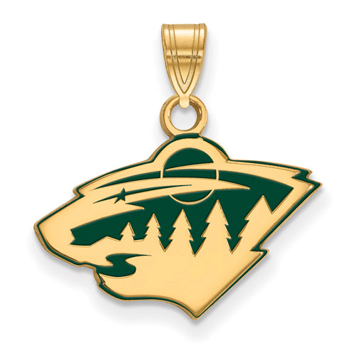 A sterling silver, gold-plated pendant from LogoArt Jewelry, shaped like a stylized animal head and featuring green elements that depict trees, a river, and the sun or moon with a streaking line across it. This enameled piece suggests a natural landscape within the contour of the NHL Minnesota Wild pendant.