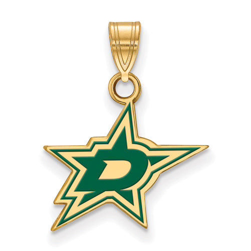 A sterling silver gold-plated pendant featuring the NHL LogoArt Dallas Stars design, with a stylized star and an intertwined letter "D" in the center, colored in green with a beige border. This small enameled pendant has a loop at the top for attaching to a chain, making it both elegant and easily wearable.