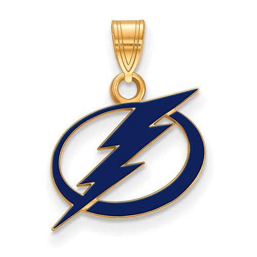 The SS w/GP NHL Tampa Bay Lightning Small Enamel Pendant is a gold-plated sterling silver piece featuring a blue lightning bolt symbol encircled by an oval outline. This enamel pendant boasts a sleek, polished design and is attached to a gold loop for easy attachment to any chain or necklace, making it perfect for Tampa Bay Lightning fans.