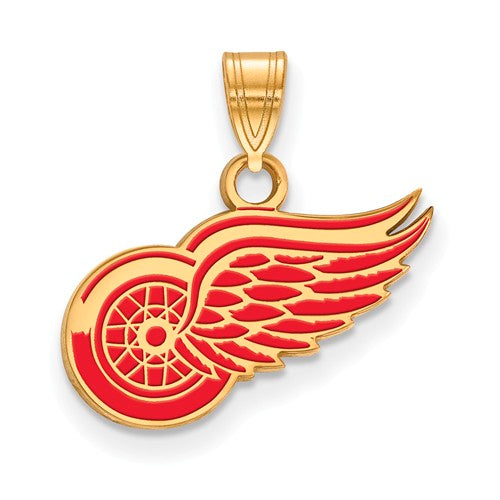 The SS w/GP NHL Detroit Red Wings Small Enamel Pendant, designed in the shape of a winged wheel resembling the logo of the NHL Detroit Red Wings hockey team, features intricate detailing with a gold-plated sterling silver outline and a red inner design. It hangs from a gold loop, making it a perfect accessory for any fan.