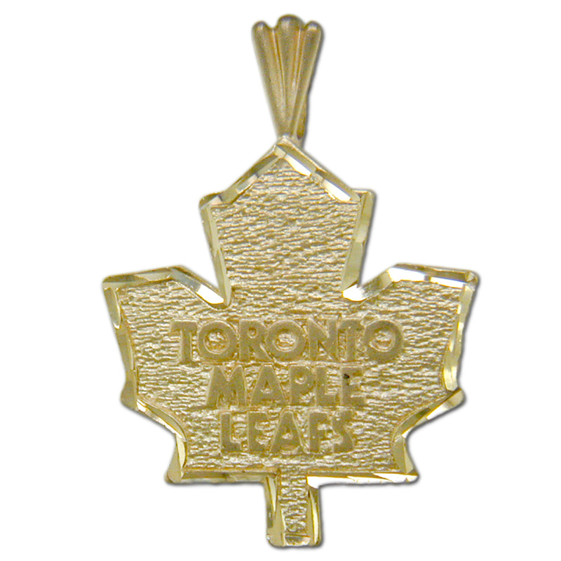 The Toronto Maple Leafs Logo 14 kt Gold Large Pendant, crafted by Michael Anthony, features a textured maple leaf design with "Toronto Maple Leafs" inscribed in the center and includes a loop at the top for a necklace chain.