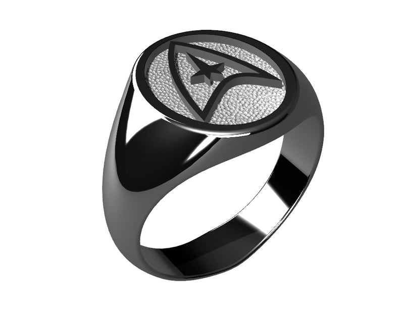 Presenting the Star Trek Ring - Fleet Command: a sleek Sterling Silver signet ring featuring a round, textured sterling silver face with an abstract, geometric logo design etched into it. 