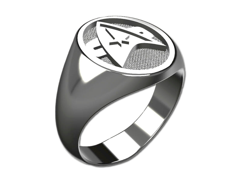 The Star Trek Ring - Delta Flyer is a sleek sterling silver ring featuring an oval-shaped emblem at the top with an intricate design. 