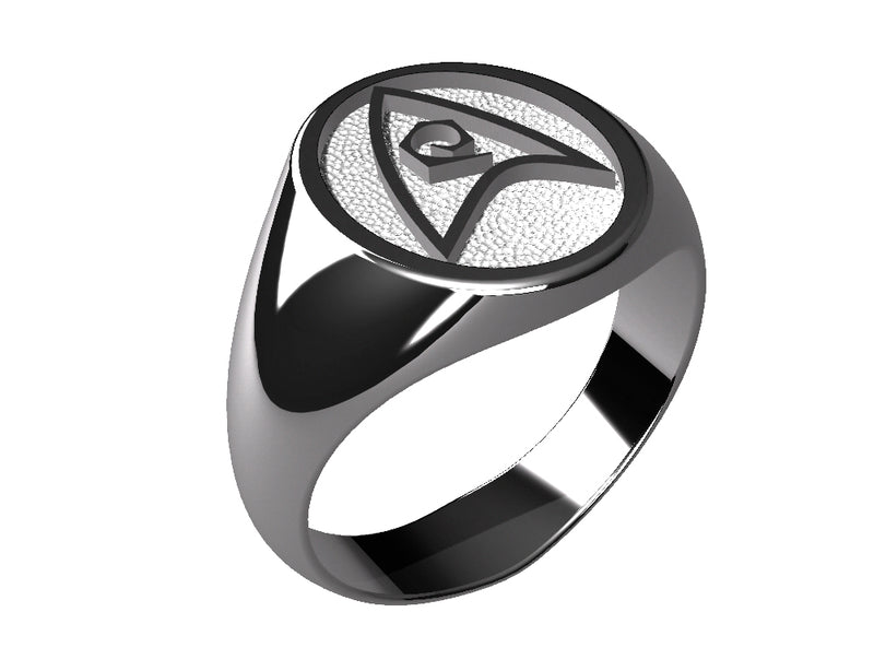 The Star Trek Ring - Engineer is a sleek Sterling Silver ring with a round, flat face that showcases a geometric design of a stylized arrowhead or triangular shape. 