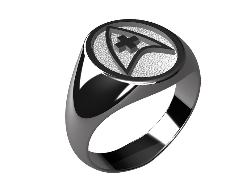 The Star Trek Ring - Medical Officer is a sleek, modern Sterling Silver ring featuring a textured oval face with a raised, smooth geometric emblem combining a cross and an arrow-like design. 