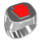 A sleek silver men's military style signet ring with a raised 28th Infantry Badge logo with enamel on top and boasting a modern, polished finish.
