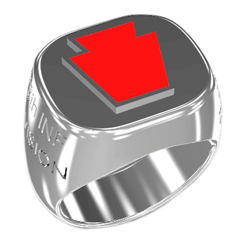 A sleek silver men's military style signet ring with a raised 28th Infantry Badge logo with enamel on top and boasting a modern, polished finish.