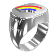 A sleek silver men's military style signet ring with a raised 42nd Infantry Badge logo with enamel on top and boasting a modern, polished finish.