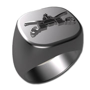 A sleek silver men's military style signet ring with a raised Army Armor Badge logo on top and boasting a modern, polished finish.