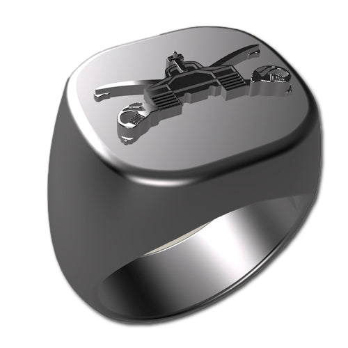 A sleek silver men's military style signet ring with a raised Army Armor Badge logo on top and boasting a modern, polished finish.