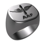 A sleek silver men's military style signet ring with a raised Army Air Force Badge logo on top and boasting a modern, polished finish.
