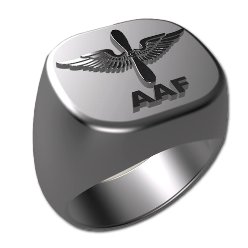 A sleek silver men's military style signet ring with a raised Army Air Force Badge logo on top and boasting a modern, polished finish.