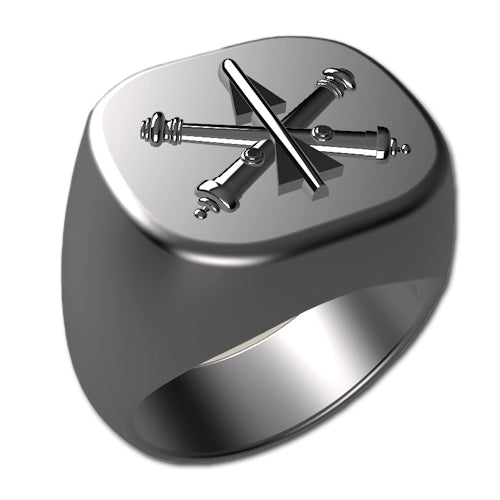 A sleek silver men's military style signet ring with a raised Air Defense Artillery logo on top and boasting a modern, polished finish.