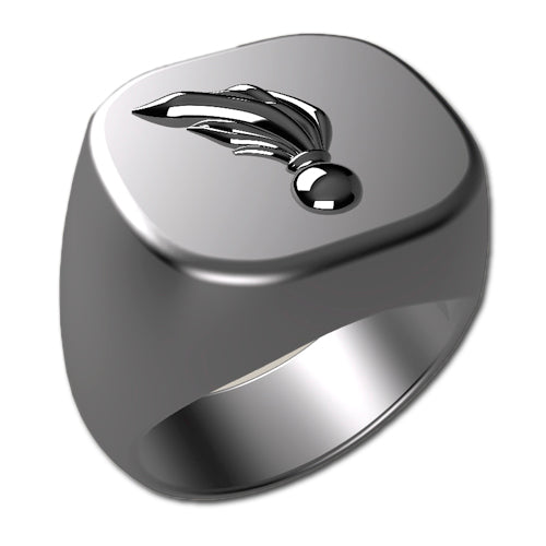 A sleek silver men's military style signet ring with a raised Austrian Military Police logo on top and boasting a modern, polished finish.