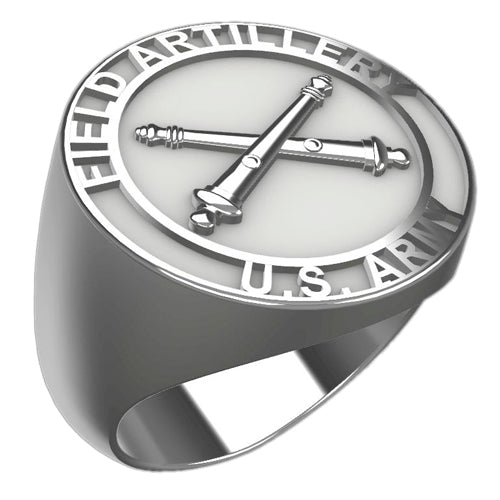 A sleek silver men's military style signet ring with a raised Artillery Badge logo on top and boasting a modern, polished finish.