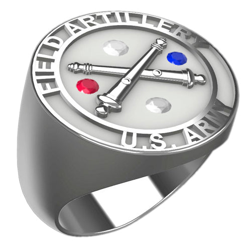 A sleek silver men's military style signet ring with a raised Artillery Badge Ring w/diamonds logo on top and boasting a modern, polished finish.