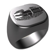 A sleek silver men's military style signet ring with a raised Combat Action Badge logo on top and boasting a modern, polished finish.