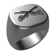 A sleek silver men's military style signet ring with a raised Cavalry Badge logo on top and boasting a modern, polished finish.