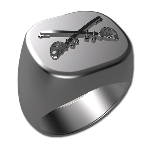 A sleek silver men's military style signet ring with a raised Cavalry Badge logo on top and boasting a modern, polished finish.