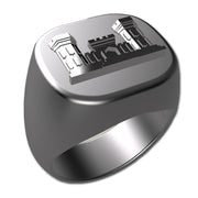 A sleek silver men's military style signet ring with a raised Combat Engineer Badge logo on top and boasting a modern, polished finish.