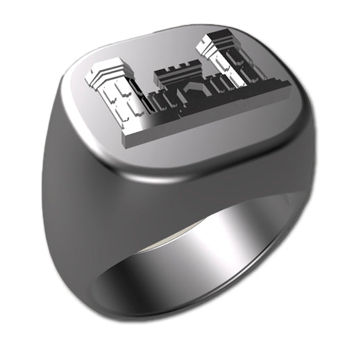 A sleek silver men's military style signet ring with a raised Combat Engineer Badge logo on top and boasting a modern, polished finish.