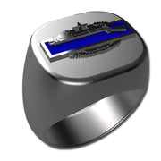 A sleek silver men's military style signet ring with a raised Combat Infantry - 2nd Award Badge logo on top and boasting a modern, polished finish.