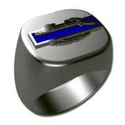 A sleek silver men's military style signet ring with a raised Combat Infantry Badge logo on top and boasting a modern, polished finish.