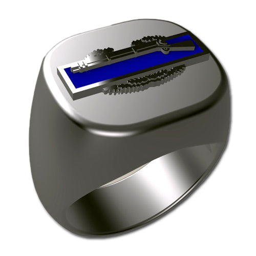 A sleek silver men's military style signet ring with a raised Combat Infantry Badge logo on top and boasting a modern, polished finish.