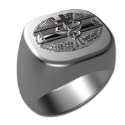 A sleek silver men's military style signet ring with a raised Combat Medical Badge logo on top and boasting a modern, polished finish.
