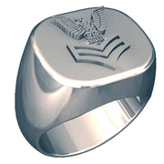 A sleek silver men's military style signet ring with a raised 1st Class Chevron logo on top and boasting a modern, polished finish.