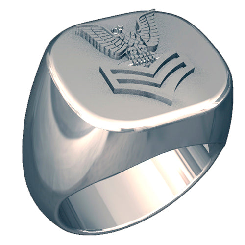 A sleek silver men's military style signet ring with a raised 1st Class Chevron logo on top and boasting a modern, polished finish.