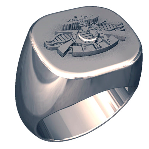 A sleek silver men's military style signet ring with a raised Fleet Marine Forces (FMF) logo on top and boasting a modern, polished finish.