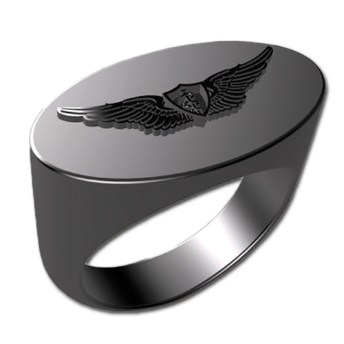 A sleek silver men's military style signet ring with a raised Flight Surgeon logo on top and boasting a modern, polished finish.