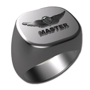 A sleek silver men's military style signet ring with a raised Master Flight Surgeon logo on top and boasting a modern, polished finish.