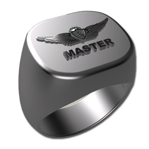 A sleek silver men's military style signet ring with a raised Master Flight Surgeon logo on top and boasting a modern, polished finish.