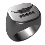 A sleek silver men's military style signet ring with a raised Senior Flight Surgeon logo on top and boasting a modern, polished finish.
