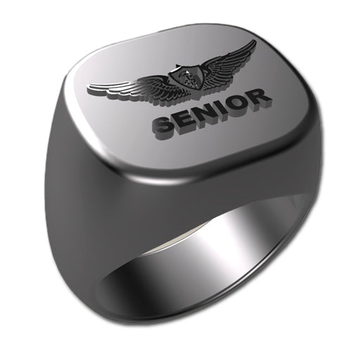 A sleek silver men's military style signet ring with a raised Senior Flight Surgeon logo on top and boasting a modern, polished finish.