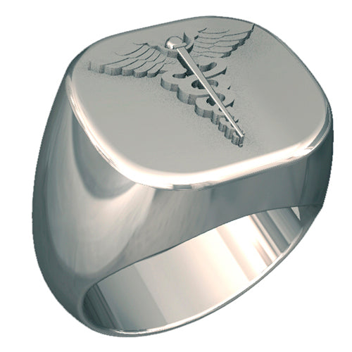 A sleek silver men's military style signet ring with a raised Hospital Corpsmen Badge logo on top and boasting a modern, polished finish.